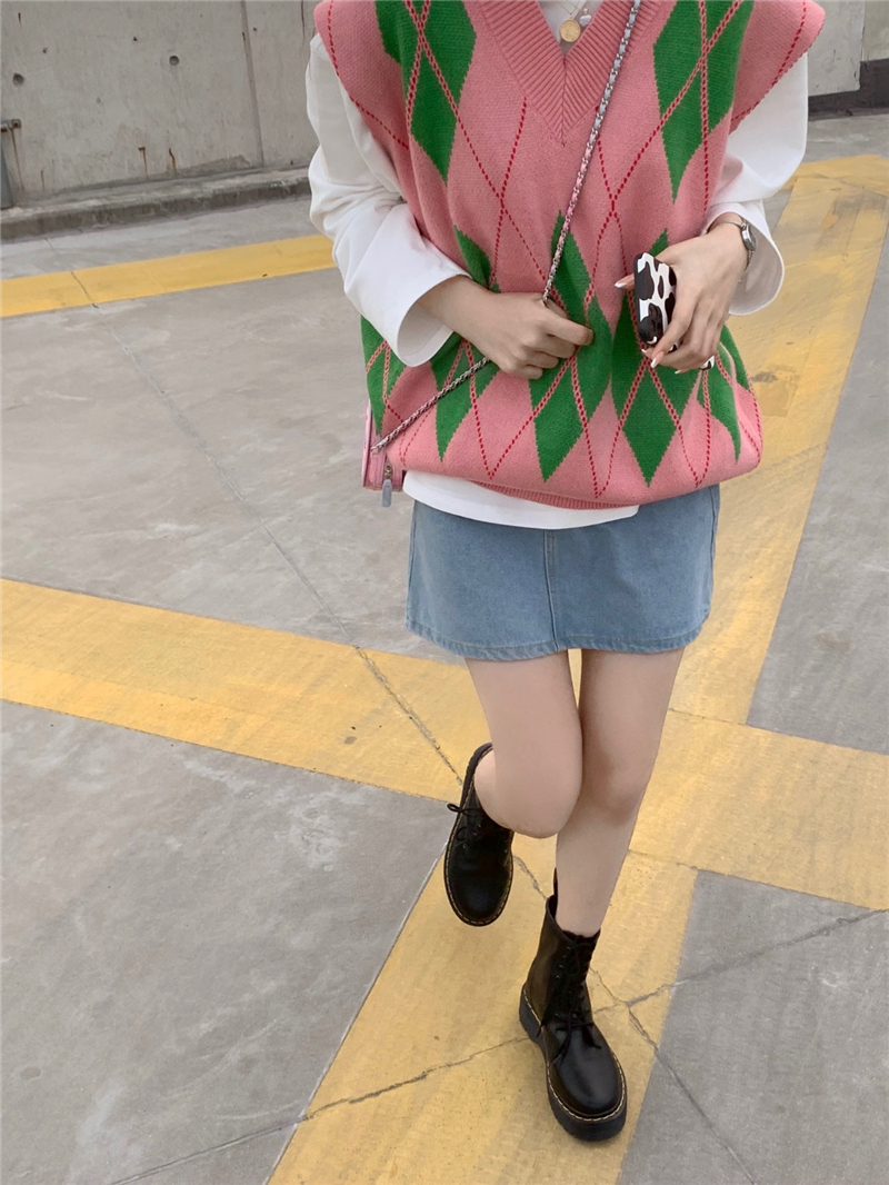 Real price pattern waistcoat contrast color sleeveless vest student + half high collar bottom coat with top