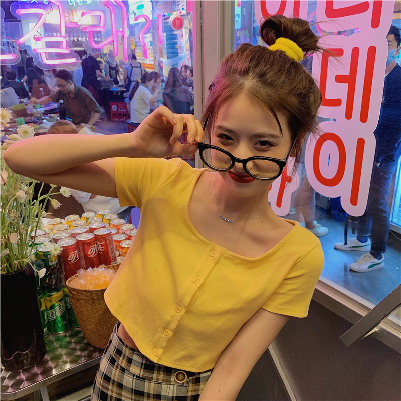 Real price short knitted cardigan slim Short Sleeve T-Shirt Top + Plaid high waist buttock skirt