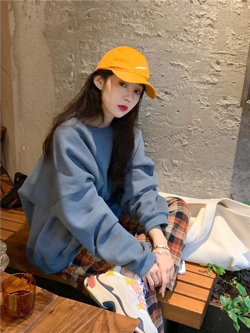 Real shot real price haze blue round neck sweater Pullover Plush Top + Plaid high waist leisure wide leg pants