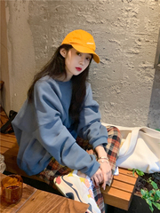 Real shot real price haze blue round neck sweater Pullover Plush Top + Plaid high waist leisure wide leg pants