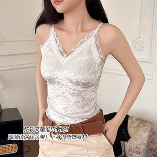 丝绒蕾丝吊带背心女美背春夏打底带胸垫西装 内搭性感纯欲黑色上衣