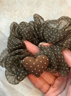 直播热卖品！灰绿色波点爱心发圈夏日森系氛围波点网纱大肠发圈女