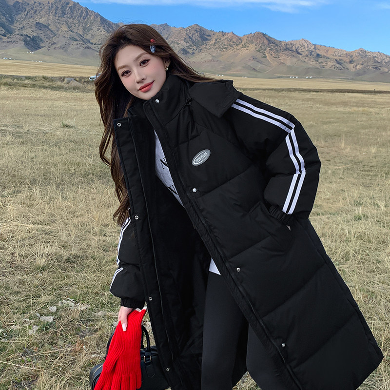 黑色长款羽绒棉服女冬季设计感韩版宽松学院风加厚爆款过膝棉袄