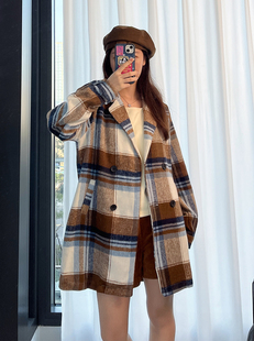 【经典格子】春冬新款 外贸出口原单福利 双排扣翻领大衣外套 女