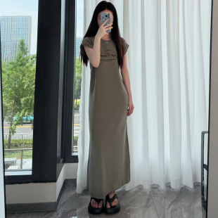 【纯色极简】美国原单 夏装新款 螺纹棉弹力短袖连衣裙长裙 女