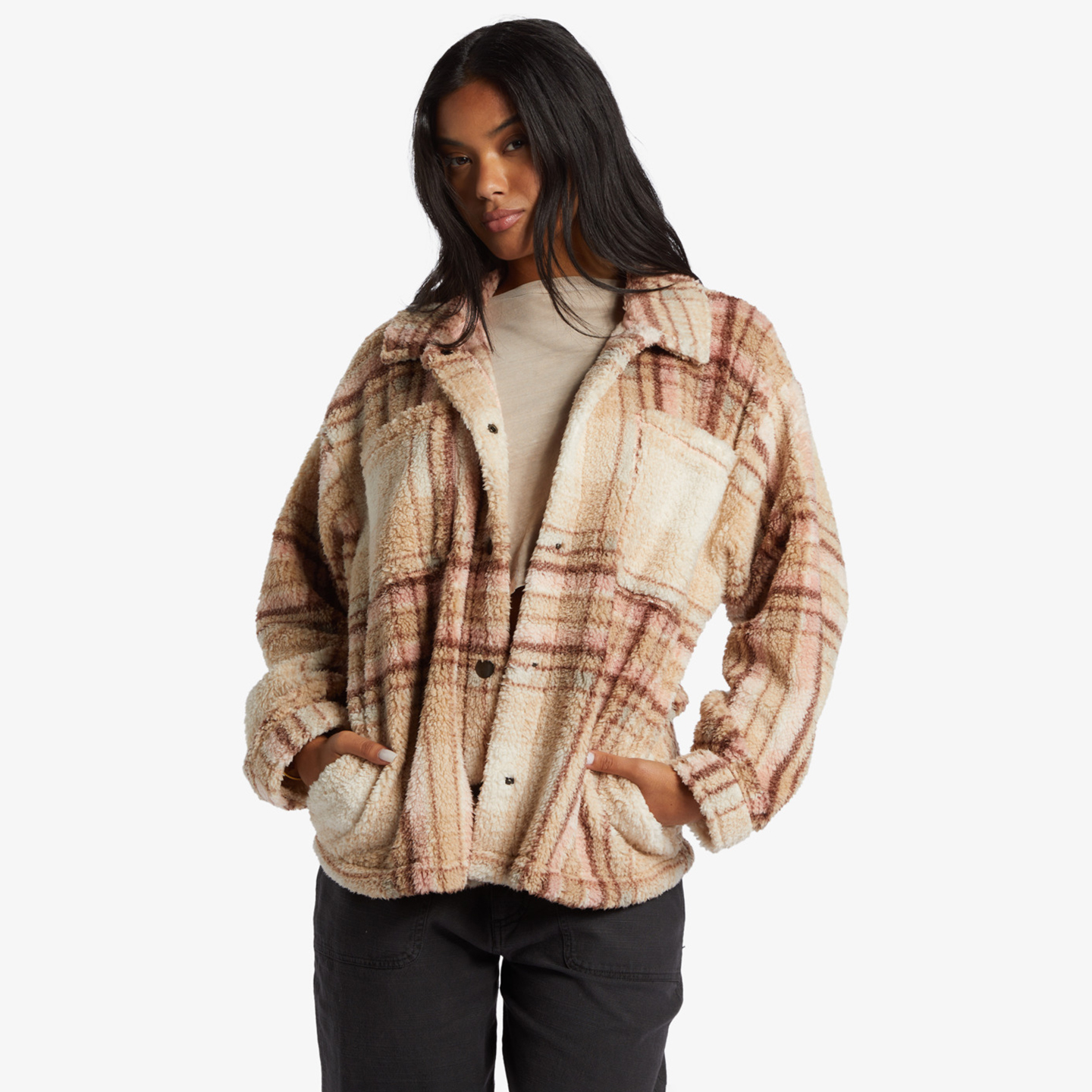 【创意格纹】澳洲出口原单 冬装新款 单排扣毛毛宽松休闲外套 女