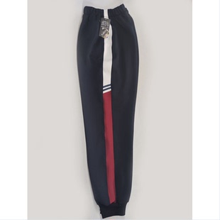 定做男女校裤拼接上白下酒红宽边两道蓝杠高腰紧口运动服大码加厚