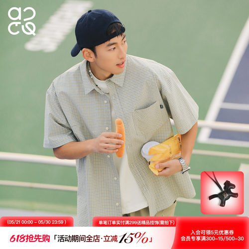 ACTUP纯棉格子短袖衬衫男透气