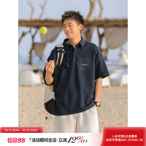 美式休闲字母印花翻领POLO衫T恤