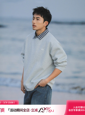 吕小虎ACTUP 春季撞色格子翻领假两件卫衣男重磅390g刺绣长袖上衣