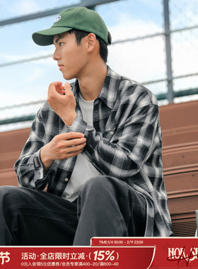 吕小虎ACTUP 春季经典格子翻领长袖衬衣男士美式复古宽松衬衫外套