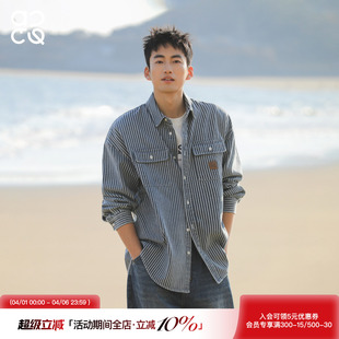 男春季 吕小虎ACTUP 蓝色牛仔条纹长袖 衬衫 衬衣青少年外套 翻领工装