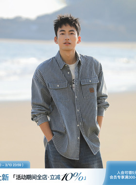 吕小虎ACTUP 蓝色牛仔条纹长袖衬衫男春季翻领工装衬衣青少年外套