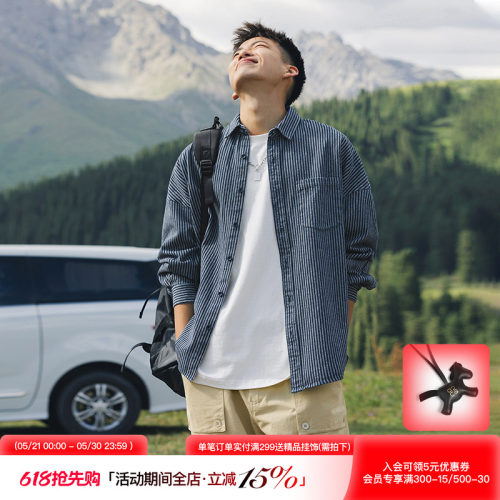 美式潮牌条纹牛仔长袖衬衫外套