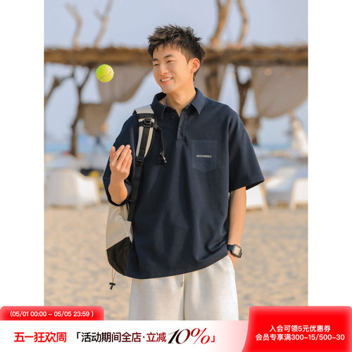 美式休闲字母印花翻领POLO衫T恤