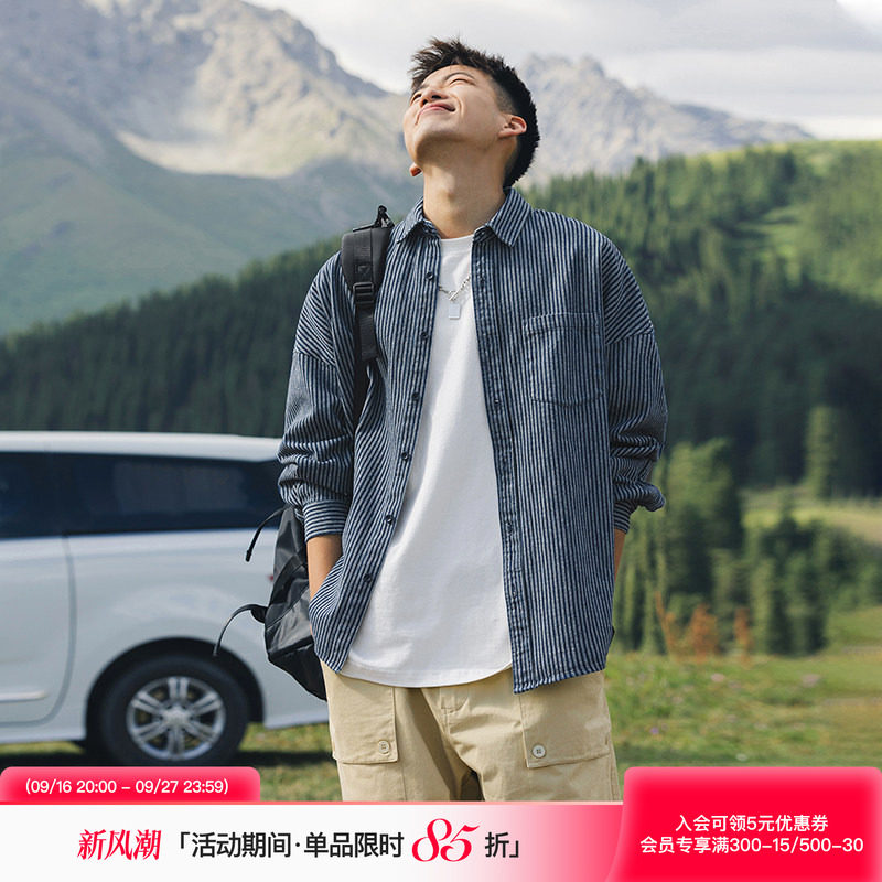 美式潮牌条纹牛仔长袖衬衫外套图片