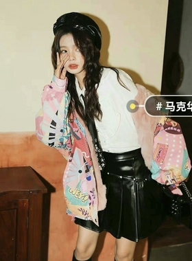 马克华非女装潮漫印花派克服2020冬季新款甜美少女大毛领棉服外套