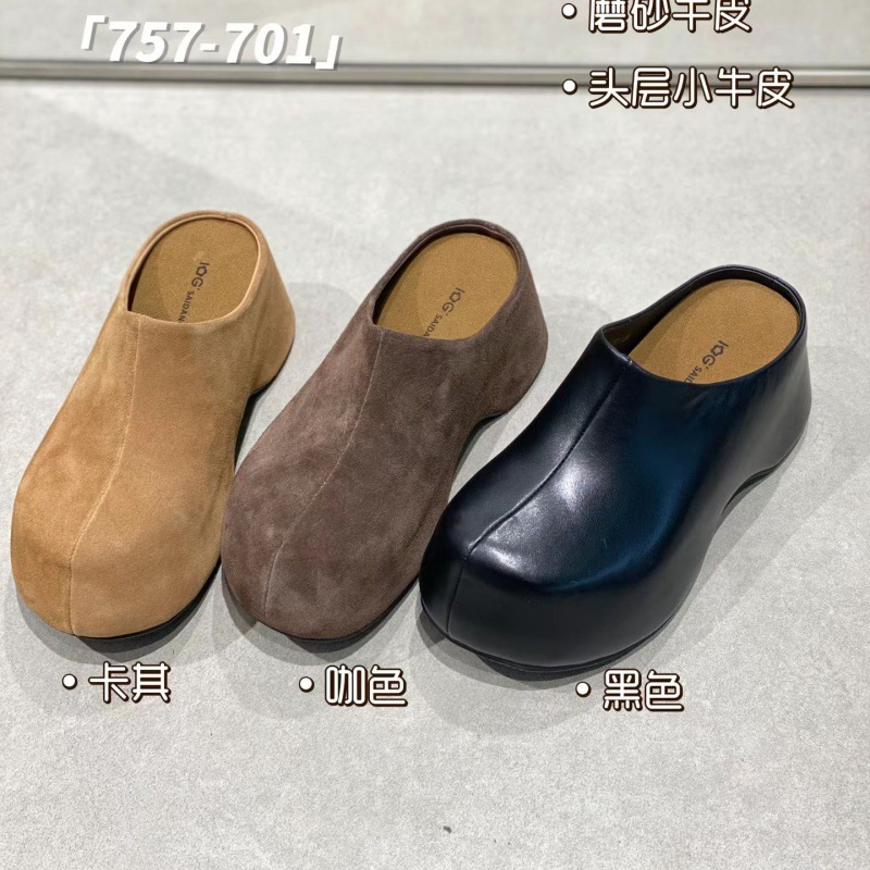 IG莱熙妮真皮勃肯鞋女包头半拖鞋新款外穿百搭厚底懒人一脚蹬拖鞋