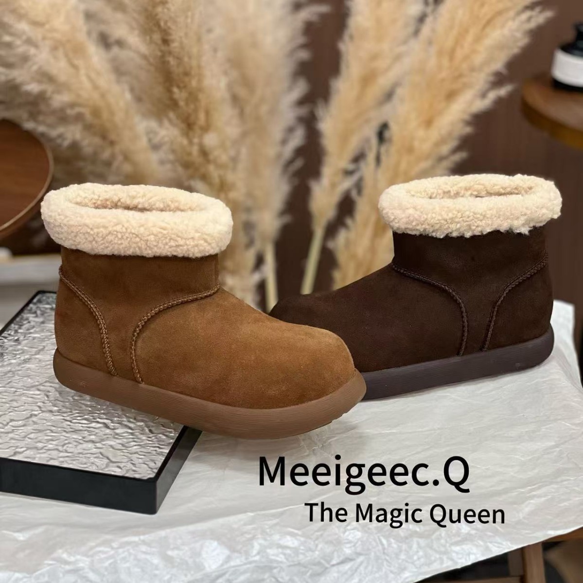 Meeigeec.Q真皮雪地靴女百搭网红时尚加绒厚底防滑保暖防寒棉靴