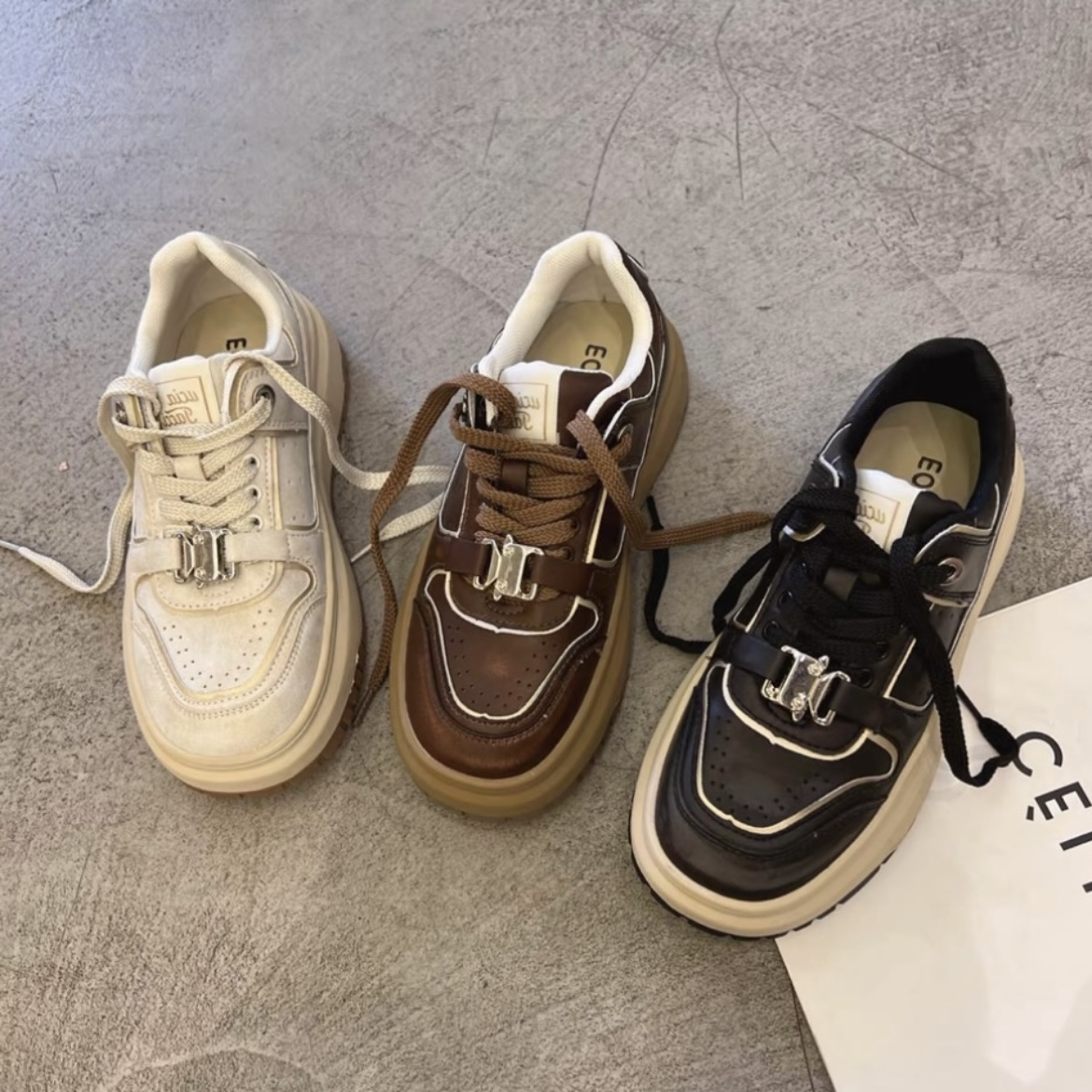 EOS新款秋季做旧擦色真皮厚底板鞋女系带运动休闲鞋81026-3Q/-5