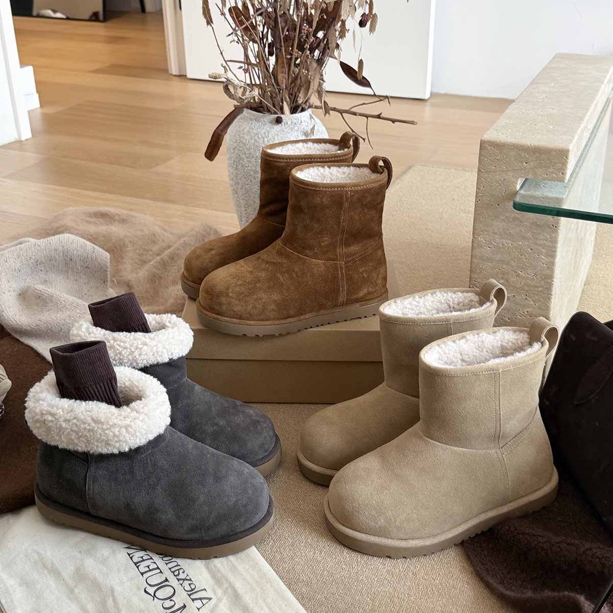 宝小姐冬季复古磨砂短筒靴2025冬季新款厚底保暖雪地棉靴女