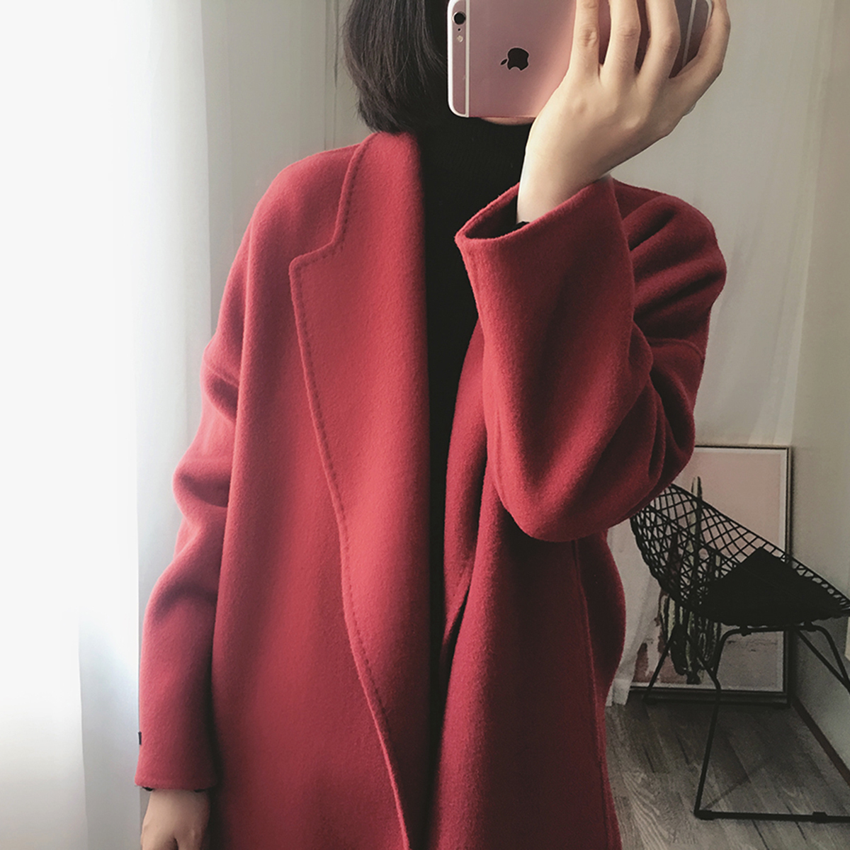 包邮红色双面羊绒大衣女式韩版中长款2020秋新款宽松西服毛呢外套