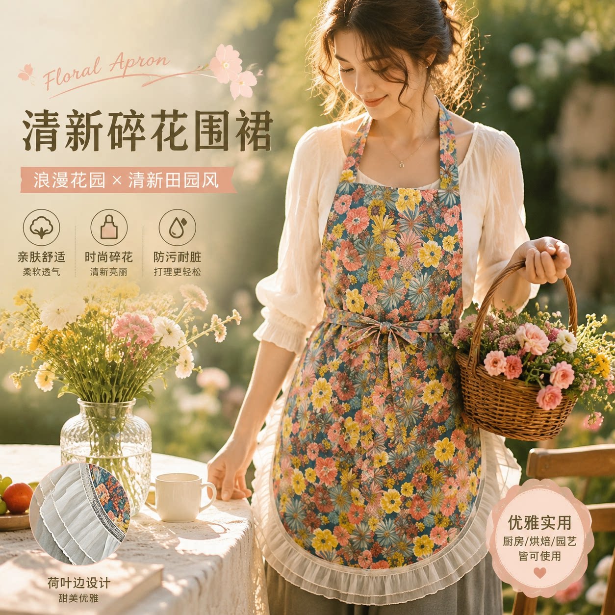 围裙厨房碎花裙田园采摘竹节棉透气夏季女防水防油耐磨做饭工作服图片