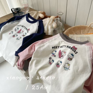 2025童装女童卡通蕾丝打底衫秋装新款儿童插肩袖上衣长袖百搭T恤
