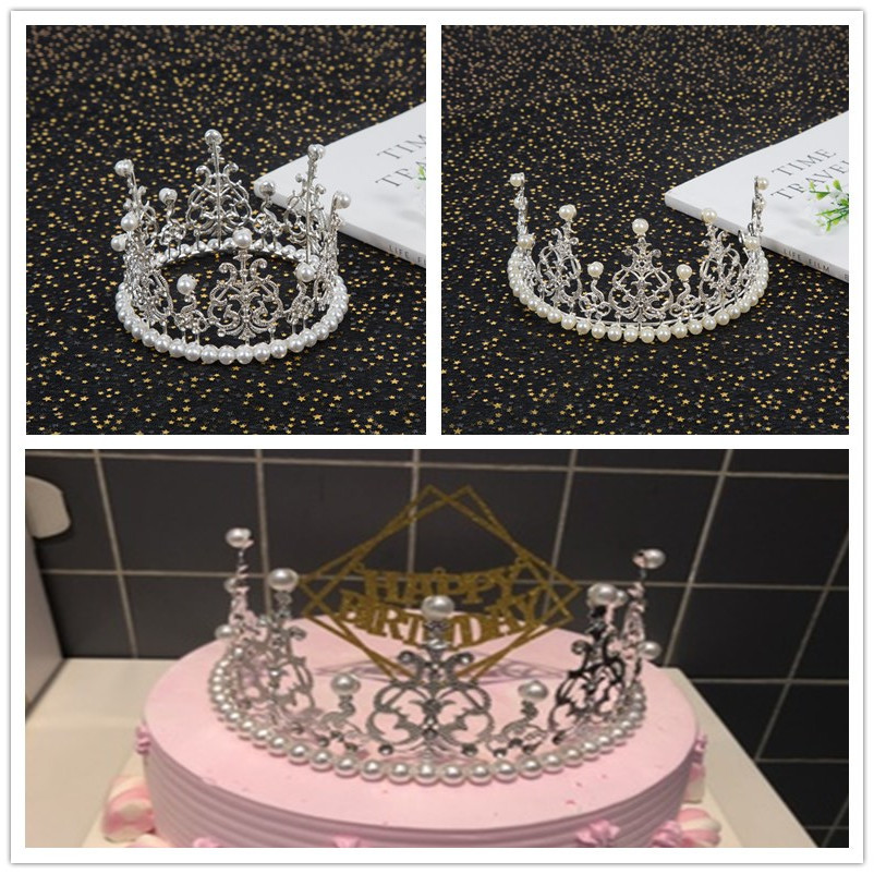 生日蛋糕皇冠装饰整圈半圈珍珠皇冠摆件王冠配饰婚礼蛋糕装饰插件