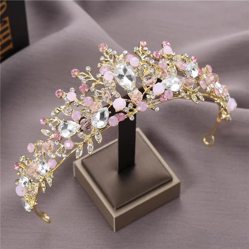 儿童皇冠头饰手工发饰女童粉色水晶王冠公主生日发箍舞台表演配饰