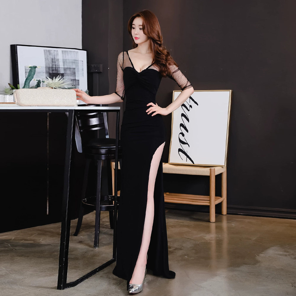 性感深V晚礼服中袖鱼尾裙