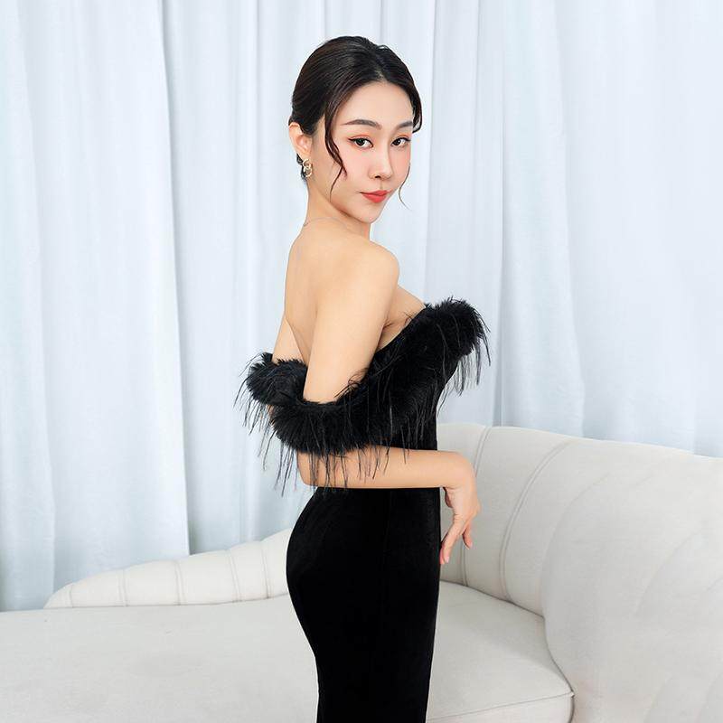 性感晚礼服无袖长裙领毛毛