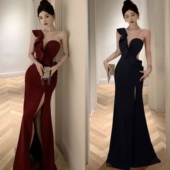 性感单肩晚礼服低胸气质小众名媛聚会修身 显瘦开叉镂空包臀连衣裙