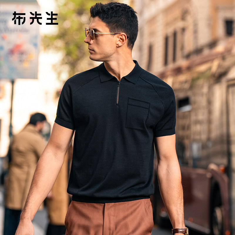 MrBu布先生拉链翻领针织t夏款提花口袋亲肤透气插肩短袖男AT17397
