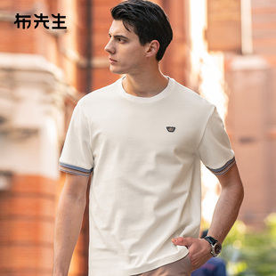 MrBu布先生微廓国潮面具绣花全棉t恤夏季 AT11750 撞色拼接男装