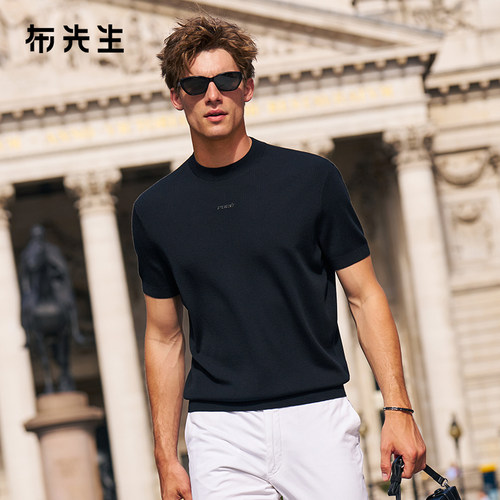 MrBu布先生黑色圆领短袖羊毛衫男2025秋新款印花毛t可机洗PT16702
