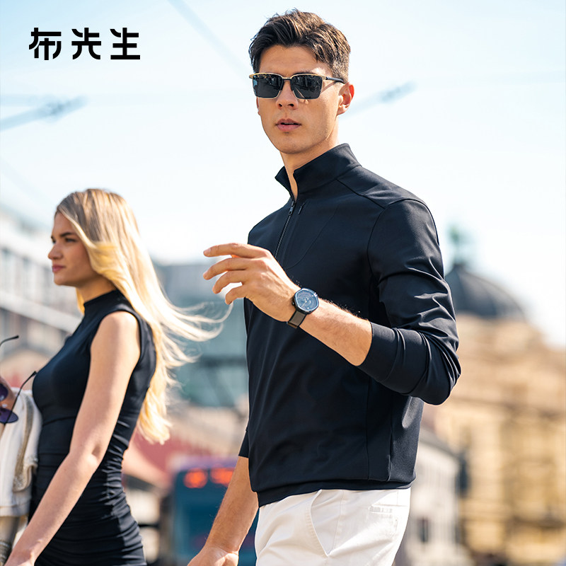 MrBu布先生半拉链立领长袖t恤男秋冬简约胸袋运动风上衣BT13373