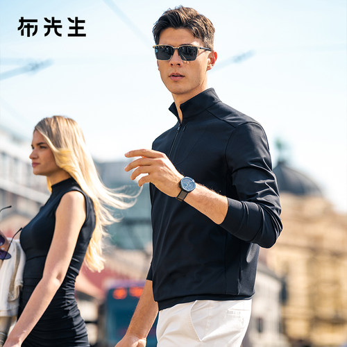 MrBu布先生半拉链立领长袖t恤男春秋简约胸袋运动风上衣BT13373