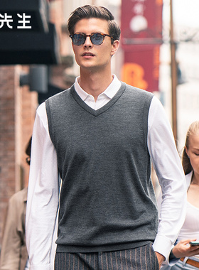 MrBu布先生商务V领针织羊毛背心男秋冬纯色无袖外穿上衣 BT11562