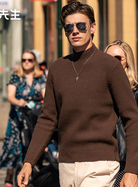 MrBu布先生时尚简约高领纯羊毛衫秋冬软糯保暖粽色毛衣男BT12158