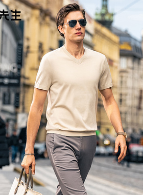 MrBu布先生V领纯色针织短袖2025春夏新款亲肤凉感t恤男款AF12119