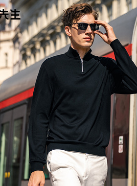 MrBu布先生拉链立领黑色羊毛t恤秋冬薄款减龄显瘦羊毛衫男BT12191
