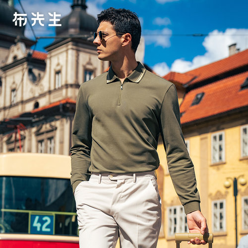 MrBu布先生商务拉链翻领长袖polo衫春秋款提花上衣男BT16865