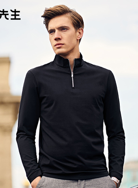 MrBu布先生拉链立领纯色长袖t秋冬不易皱亲肤吸汗上衣男款BT3773