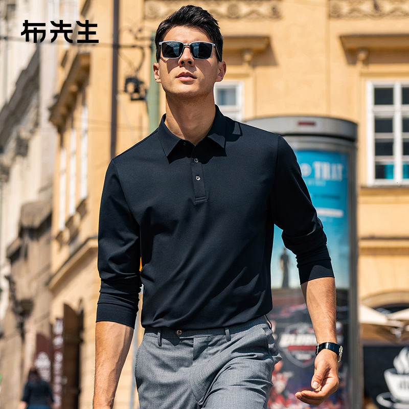 MrBu布先生时尚衬衫领长袖t恤秋冬正肩运动感抗菌上衣男BT15357