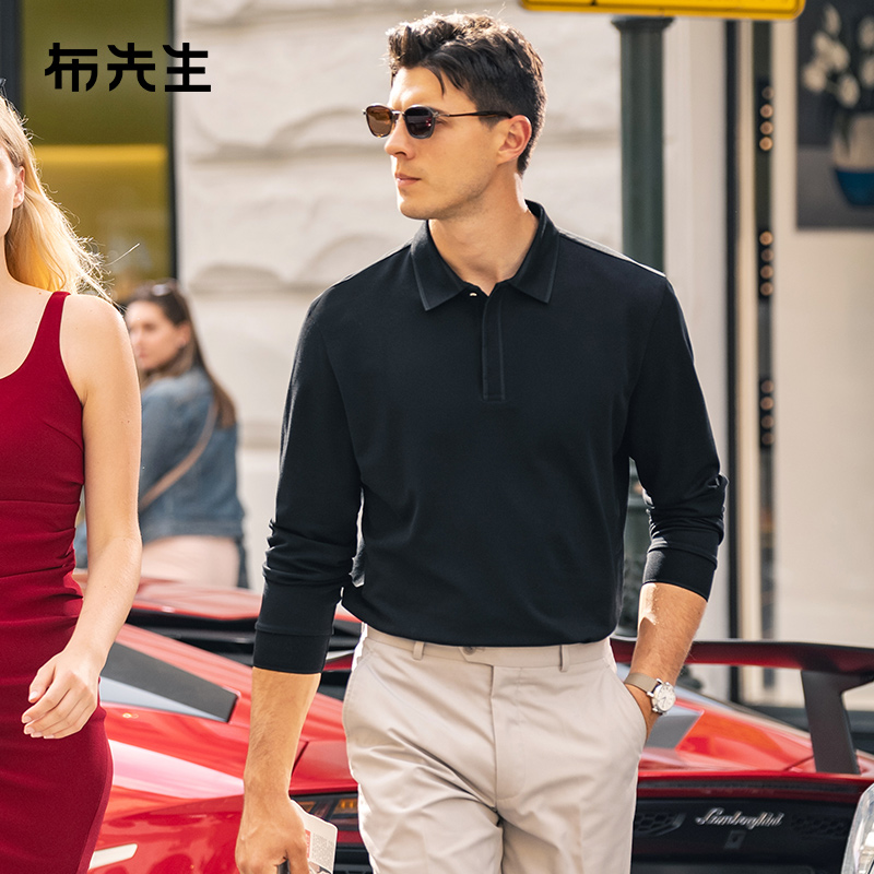 MrBu布先生条纹翻领丝光长袖Polo衫秋冬减龄黑色男款上衣BT15356