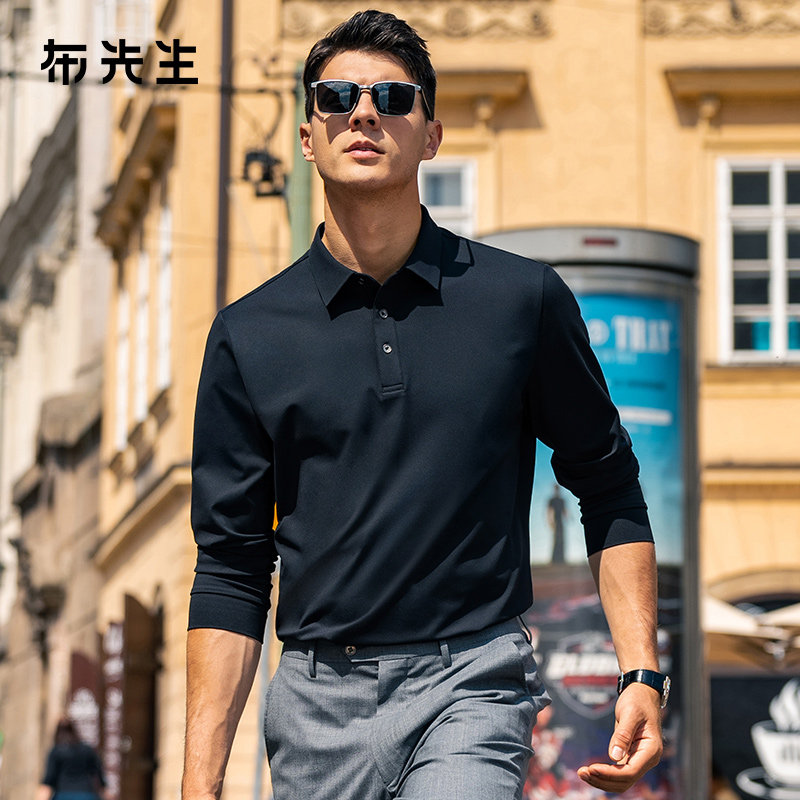 MrBu布先生时尚衬衫领长袖t恤秋冬正肩运动感抗菌上衣男BT15357