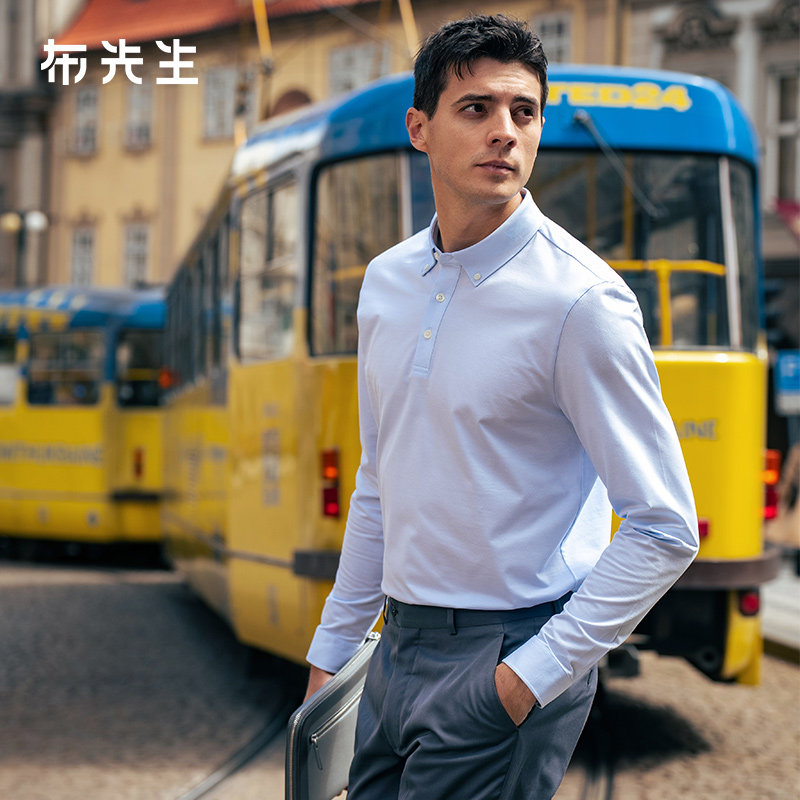 MrBu布先生商务长袖衫2025春秋款贝壳扣装饰衬衫领男士t恤BT16851