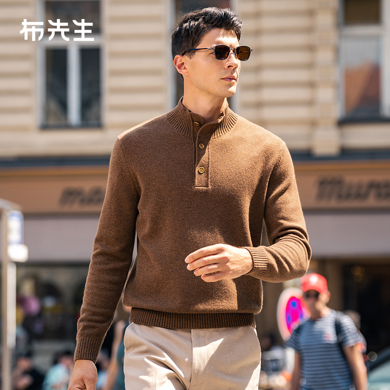 MrBu布先生半开纽扣立领毛衣加厚保暖后领皮牌羊毛长袖男BT15386