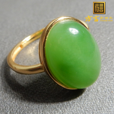 放大漏方言和田玉精品佩戴级俄罗斯碧玉苹果绿可调节银镶戒指X5